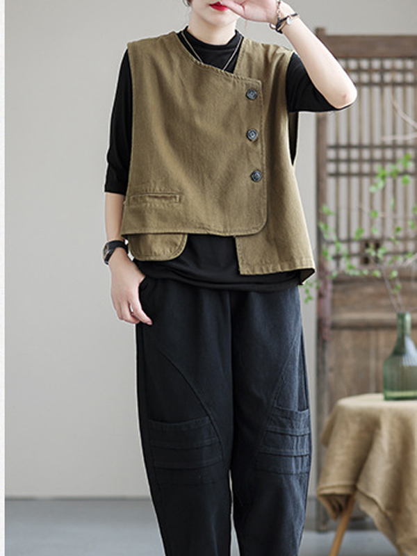 Vintage Asymmetric Solid Color Buttoned Vest Top