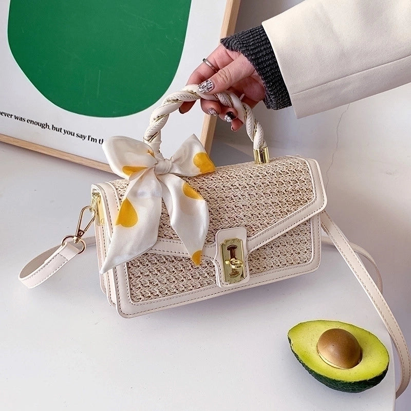 Women's Medium Straw Solid Color Fashion Ribbon Square Flip Cover Crossbody Bag