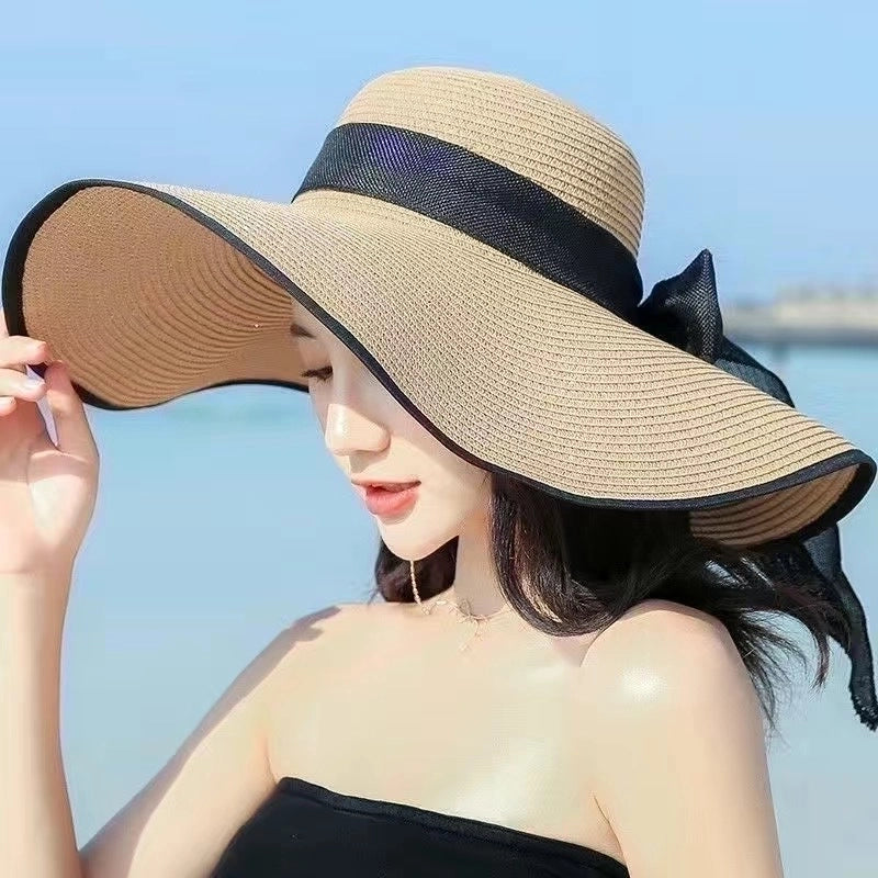 Women's Minimalist Classic Style Color Block Big Eaves Straw Hat