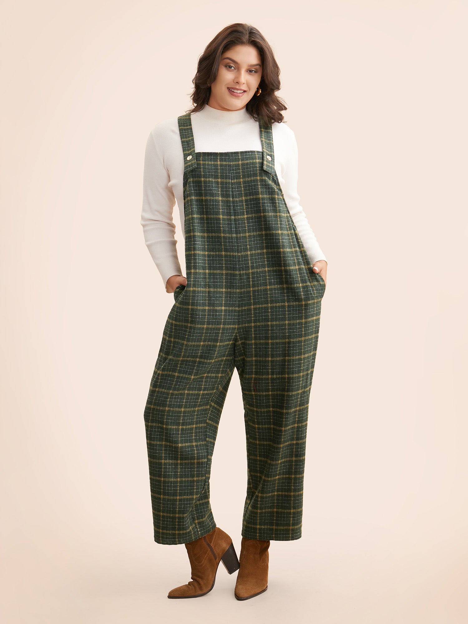 Plaid Adjustable Straps Pocket Jumpsuit