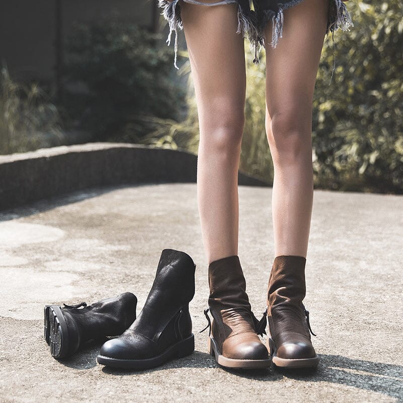 Leather Zip Boots Retro Riding Boots Women Chunky Wrinkled Ankle Boots Black/Coffee