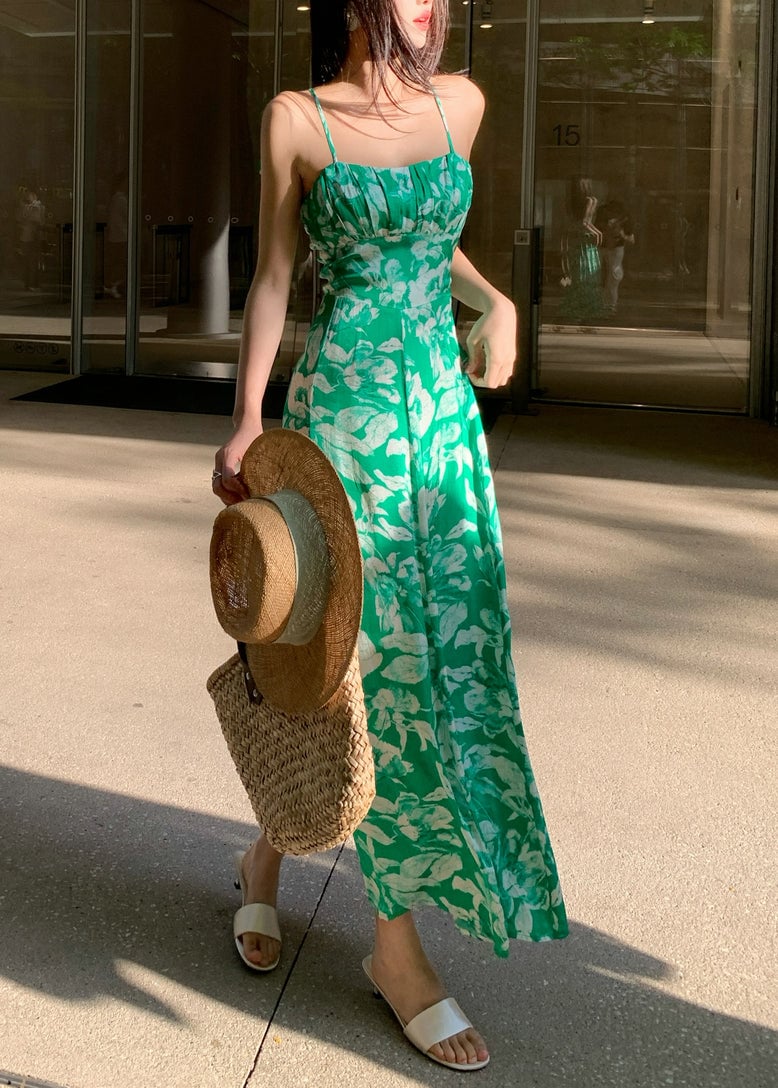 Slim Fit Green Print High Waist Cotton Spaghetti Strap Dress Summer