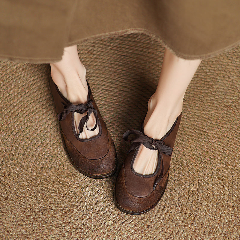Classic Leather Mary Jane Flats for Women Lace-Up Comfort Shoes in Black/Brown