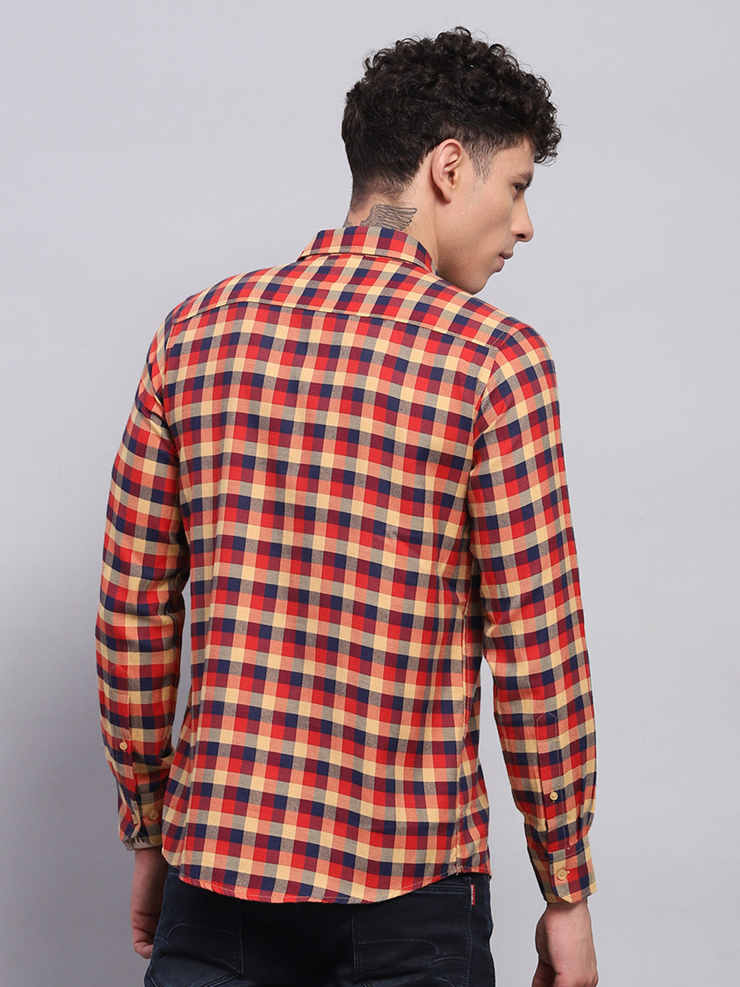 Men Red Check Collar Full Sleeve Shirt