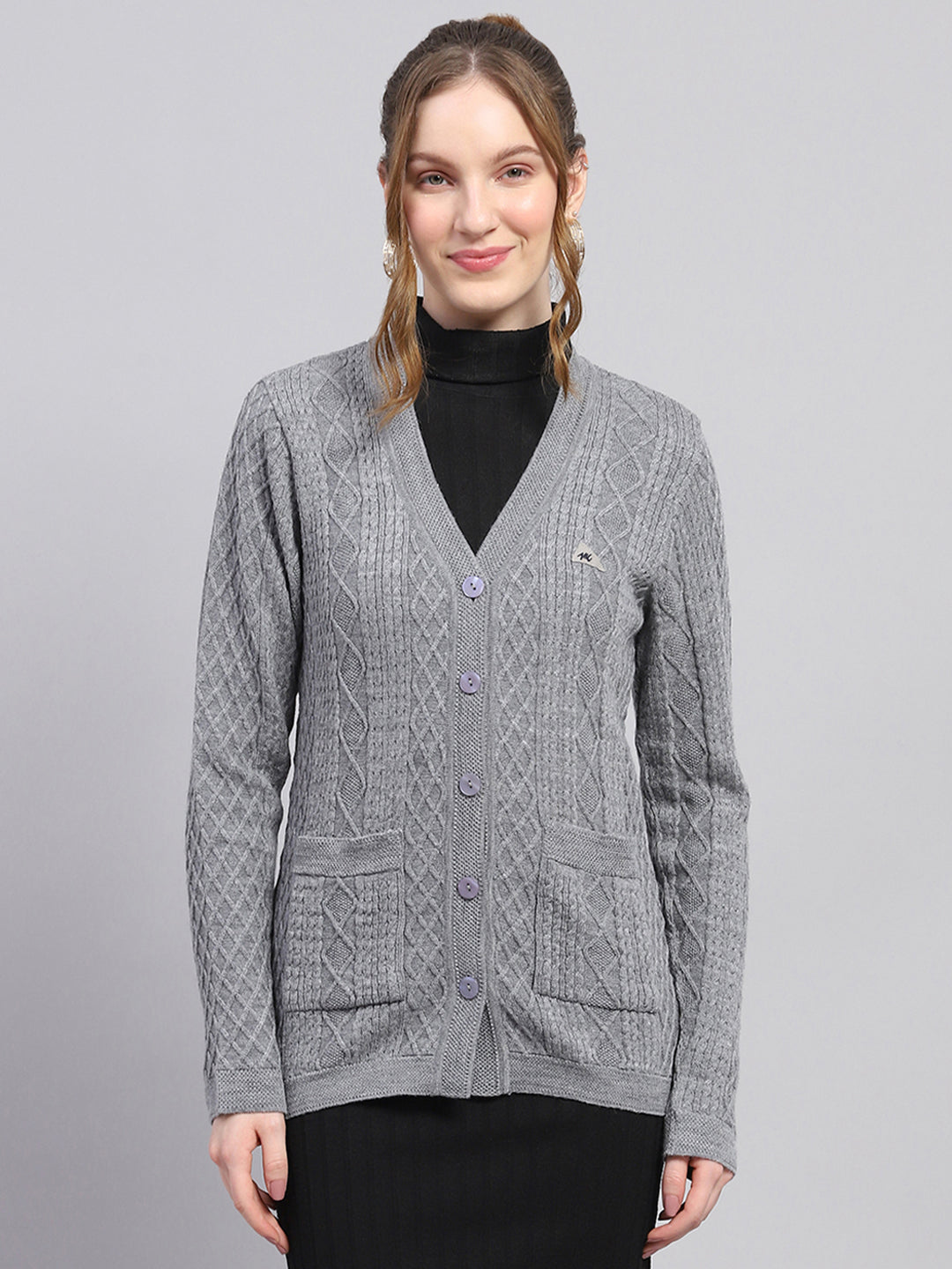 Women Grey Self Design V Neck Full Sleeve Cardigan