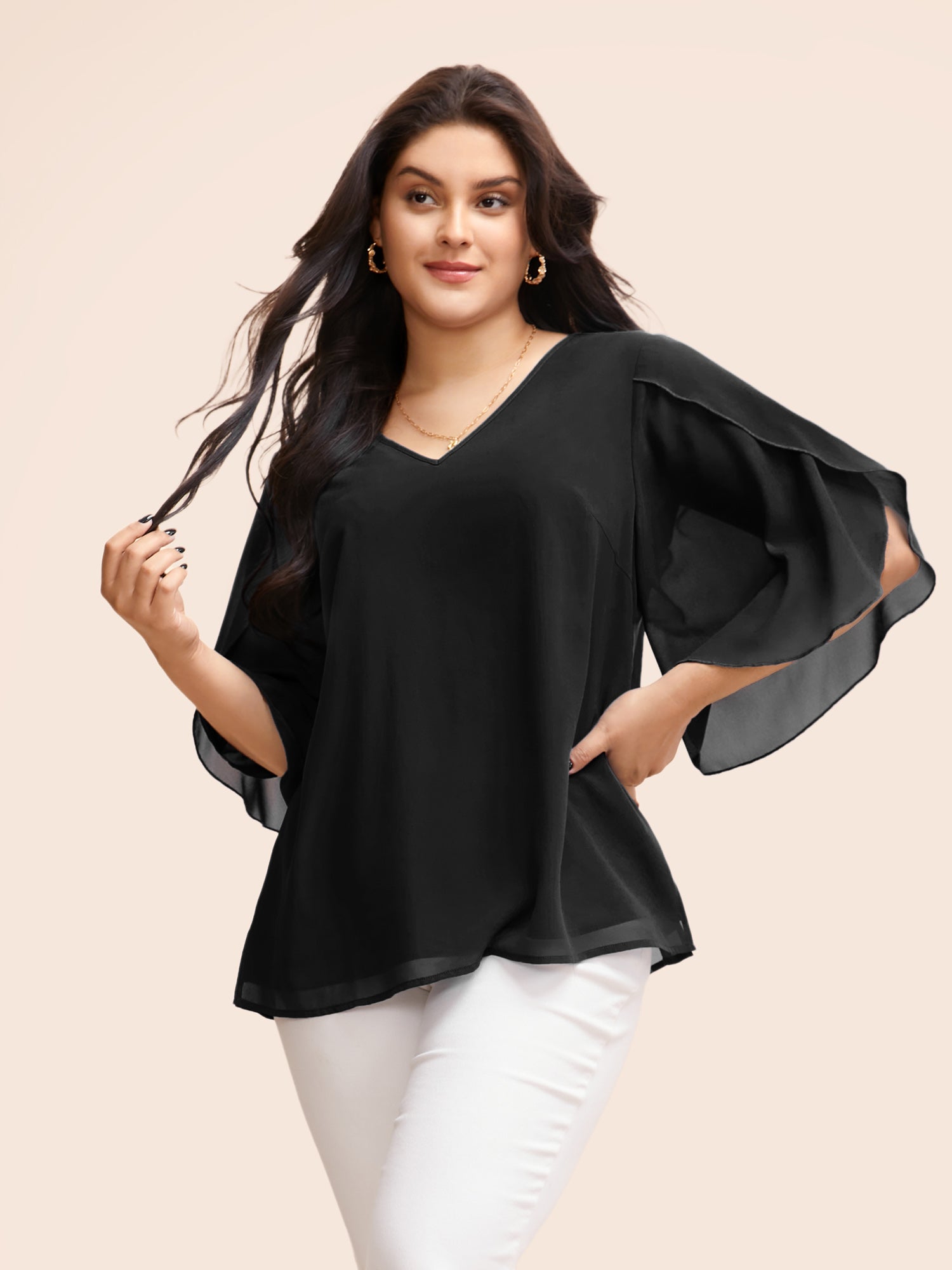 Chiffon Gathered Petal Sleeve Blouse