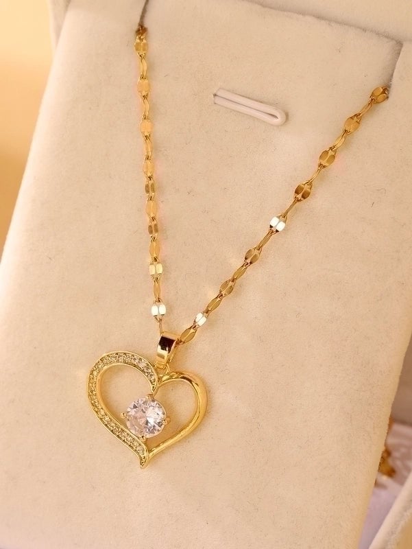Elegant Heart Shape Stainless Steel Zircon Hollow Out Pendant Necklace