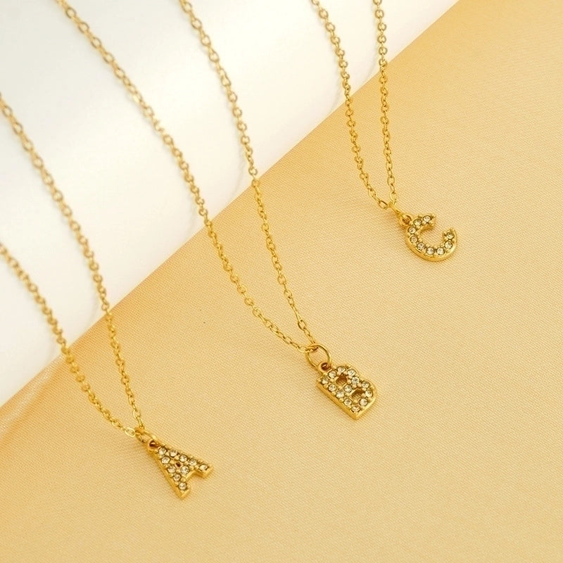 Minimalist Classic Style Letter Titanium Steel Zircon 18K Gold Plated Inlay Pendant Necklace