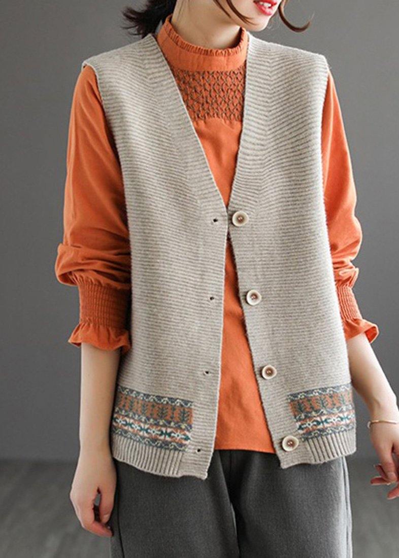 Chunky Khaki Knit Cardigans Fashion Spring V Neck Sleeveless Knitted Coat