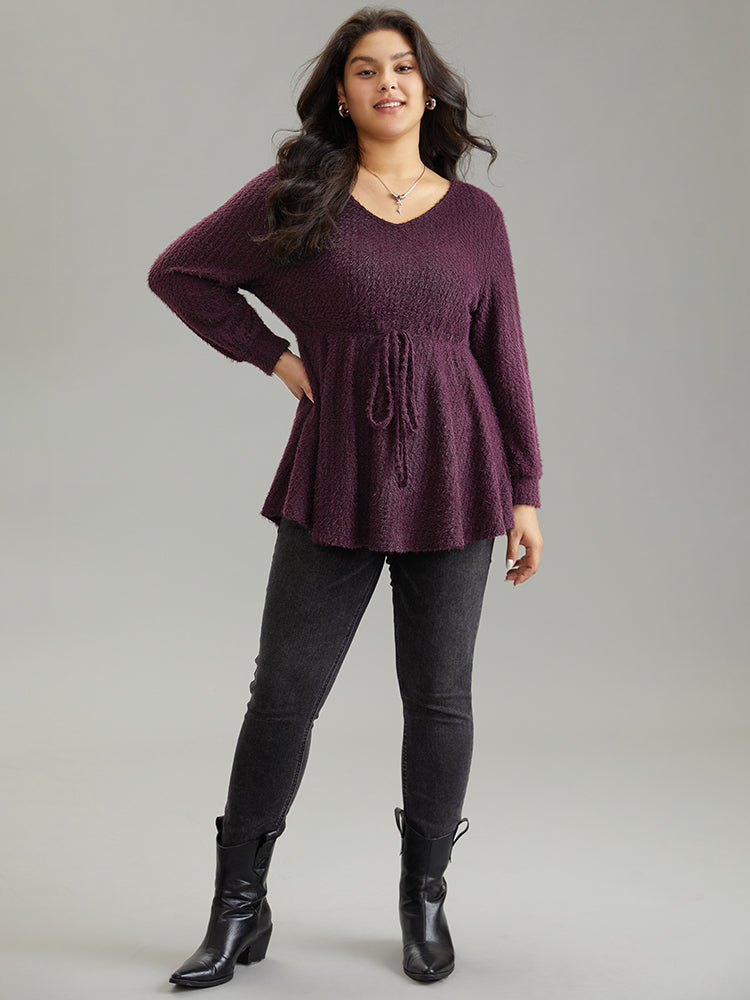 Solid Texture Fluffy Knot Ruffle Hem T-shirt