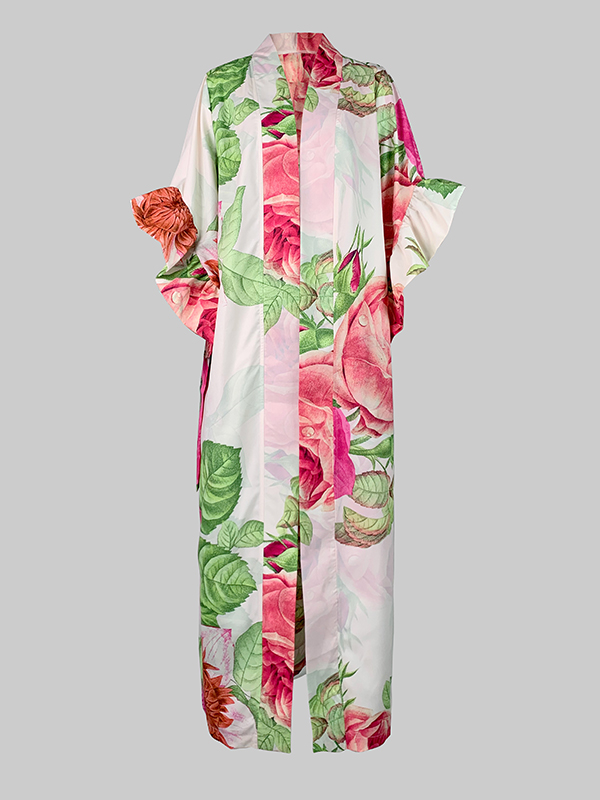 Flared Sleeves Long Sleeves Elasticity Flower Print Split-Joint Tied Waist Collarless Outerwear