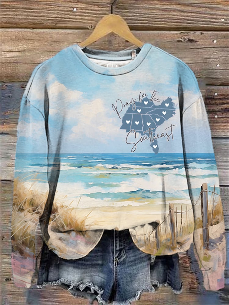 Women's Pray For The Southeast Watercolor Carolina Beach Print Casual Sweatshirt