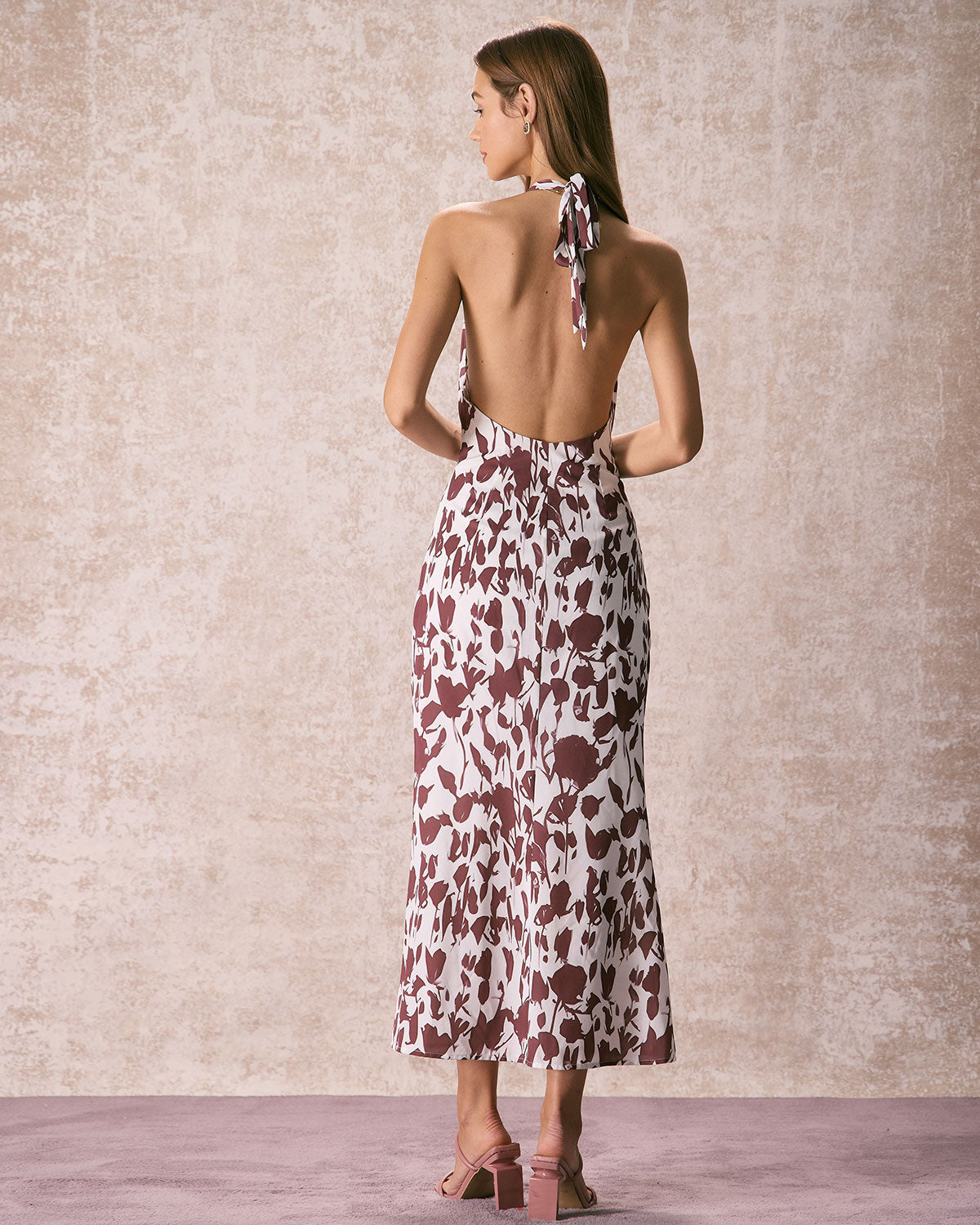 The Coffee V Neck Floral Backless Maxi Dress