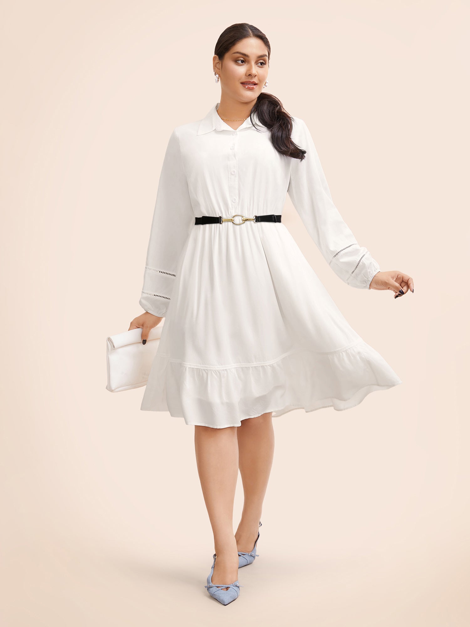 Shirt Collar Button Detail Woven Ribbon Dress