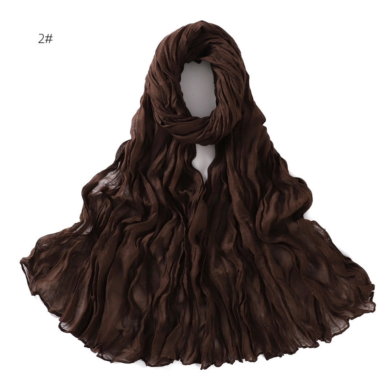 Spring And Autumn Pure Color Silk Yarn Twist Wrinkle Cotton And Linen Breathable Thin Scarf Female Cover Scarf In Stock