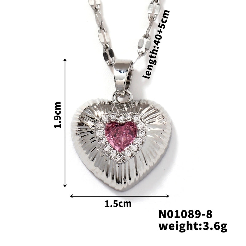 Classic Style Heart Shape 304 Stainless Steel Copper Zircon K Gold Plated Rhodium Plated Inlay Pendant Necklace