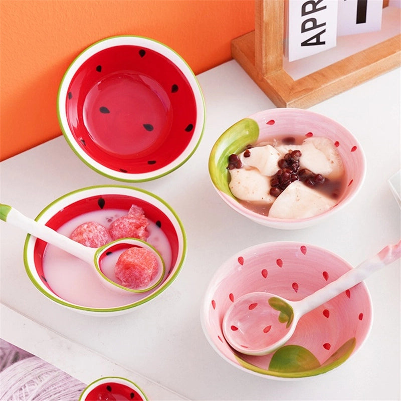 Strawberry Watermelon Cute Ceramic Bowl Long Handle Spoon Tableware Children's Cartoon Rice Bowl Soup Bowl Internet Celebrity Tableware