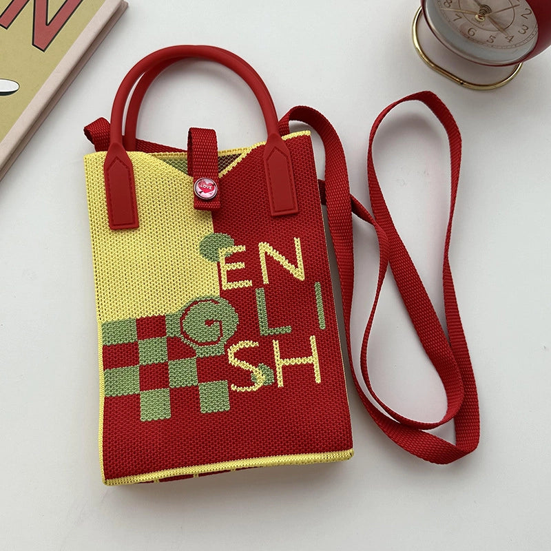 Unisex Small Knit Stripe Heart Shape Basic Vintage Style Weave Square Lock Clasp Phone Wallets