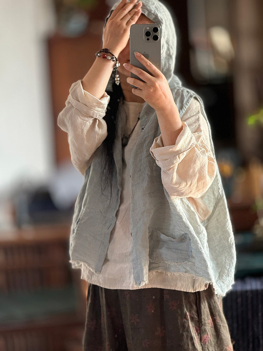 Plus Size Women Summer Vintage Pure Color Hooded Vest