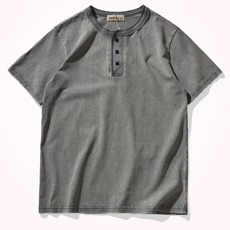 American Heavy Henley Collar Cotton Short Sleeve T-Shirt