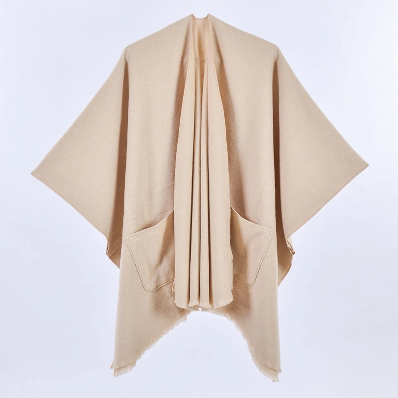 New Women's Autumn And Winter Warm Cloak Simple Double-sided Solid Color Split Cashmere Outerwear Shawl