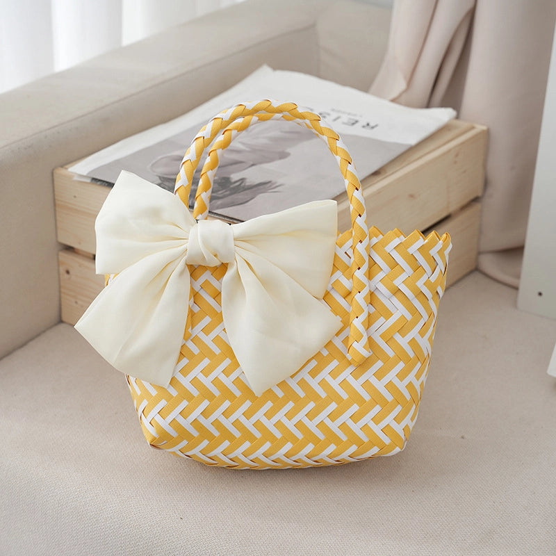 Women's Small PVC Stripe Bow Knot Cute Weave Square Open Handbag