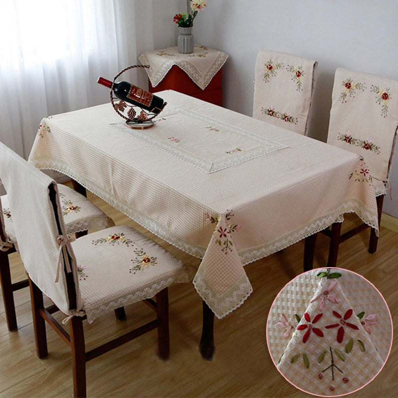 Dining Table Cloth Fabric Cotton Linen Rectangular Pastoral Tablecloth Ribbon Embroidered Small Fresh Simple Round Table Household Coffee Table Cloth