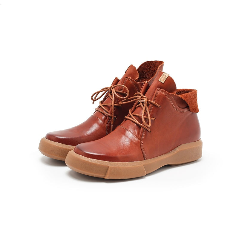 Cowhide Leather Lace-Up Lightweight Short Fold Over Collar Boots Caramel Red/Brown/Black