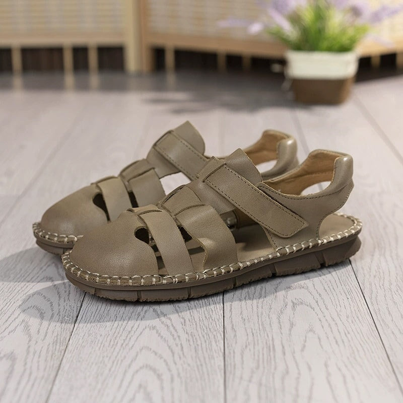 Genuine Leather Gladiator Sandals Summer Breathable Velcro Flat Shoes in Beige/Khaki/Coffee