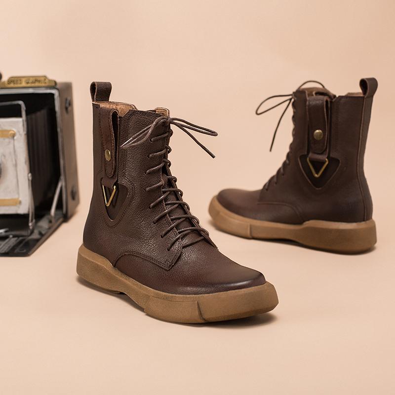 Leather Martin Boots Designer Retro Chunky Riding Boots Side Heart Shape Handmade Coffee/Black/Yellow