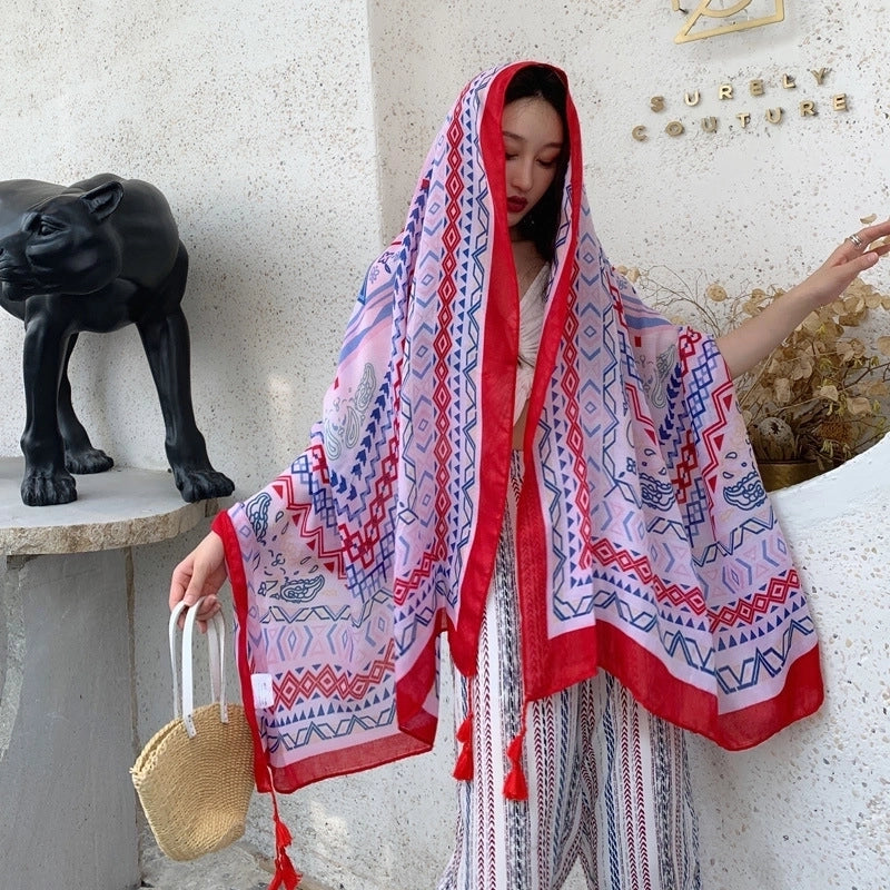 Ethnic Style Shawl Scarf Dual-use Sun Protection By The Sea Beach Scarf Red Large Gauze Scarf Female Desert Travel Photography Summer