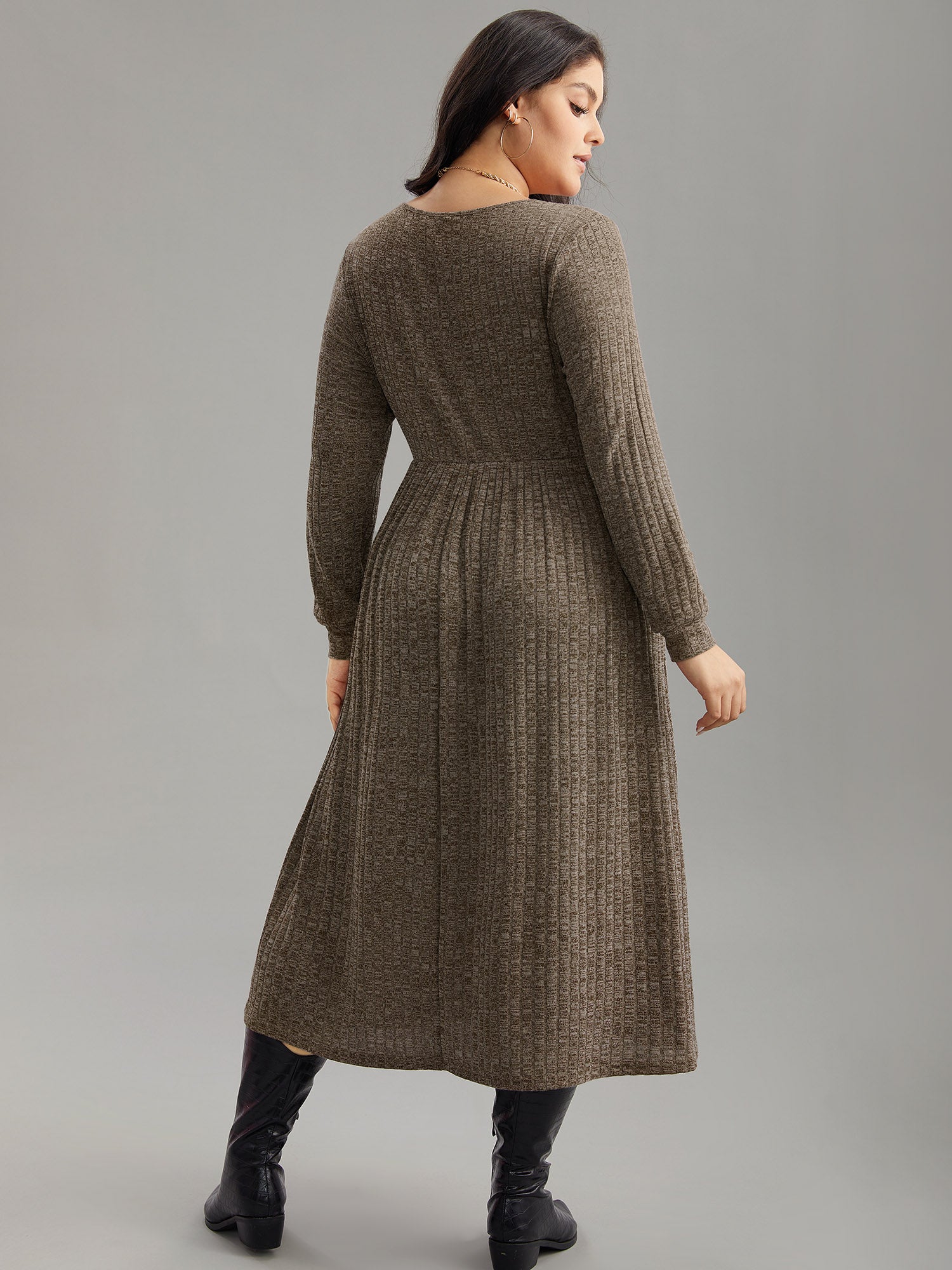 Rib Knit Plain Plisse Long Sleeve Dress