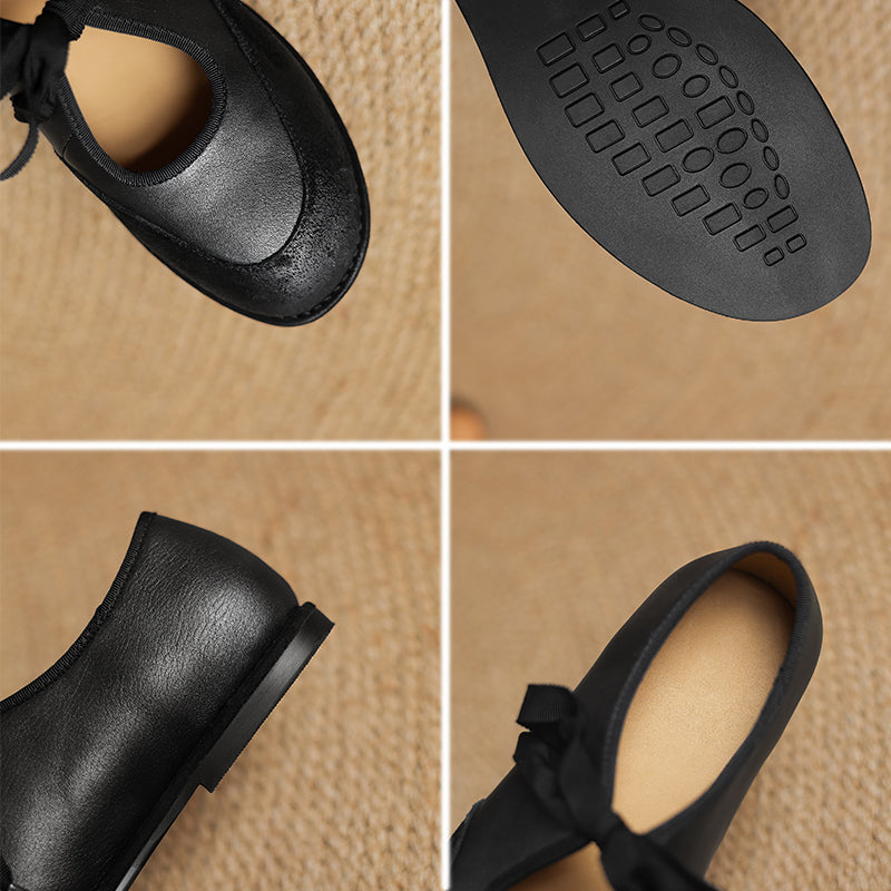 Classic Leather Mary Jane Flats for Women Lace-Up Comfort Shoes in Black/Brown