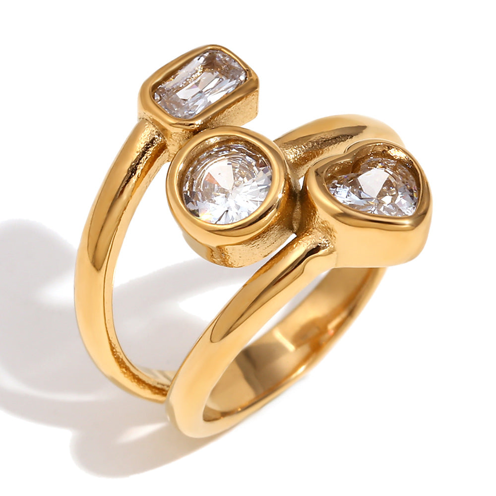 Fashion Personality Niche Design Hand Jewelry Stainless Steel Plated 18K Gold Multi-Layer Geometric Zircon Ring Female