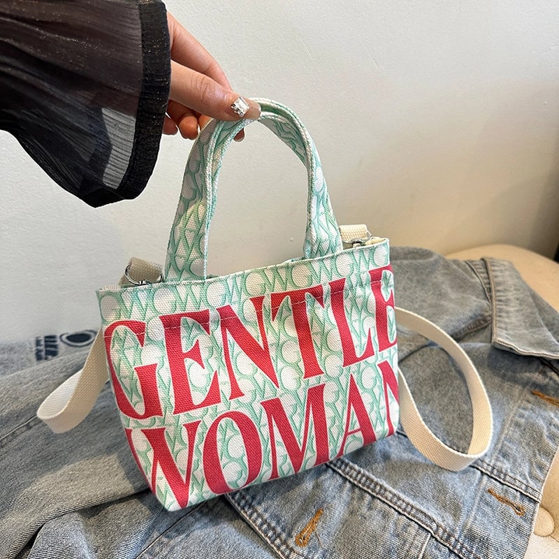 Women's Canvas Letter Cat Strawberry Cute Sewing Thread Open Handbag Crossbody Bag