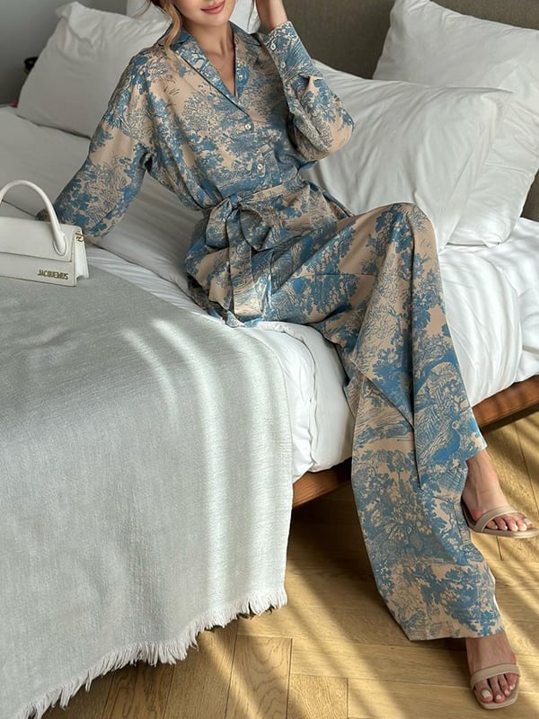 Long Sleeves Buttoned Printed Tied Waist Notched Collar Shirts Top + High Waisted Pants Bottom Two Pieces Set