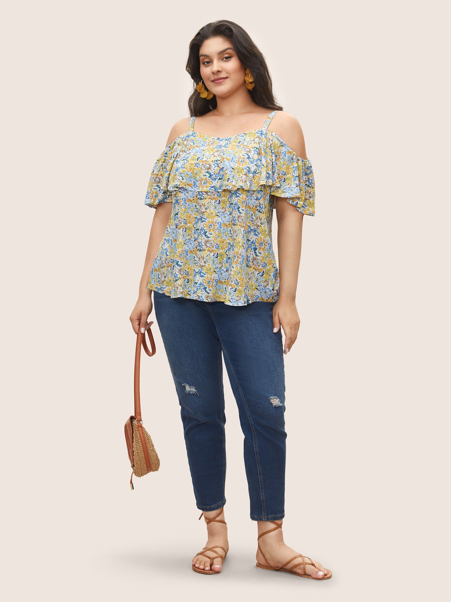 Floral One Shoulder Neck Adjustable Straps Blouse