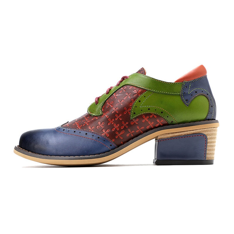 Women Fashion Brogue Oxfords With Printing Lace-up Shoes in Blue