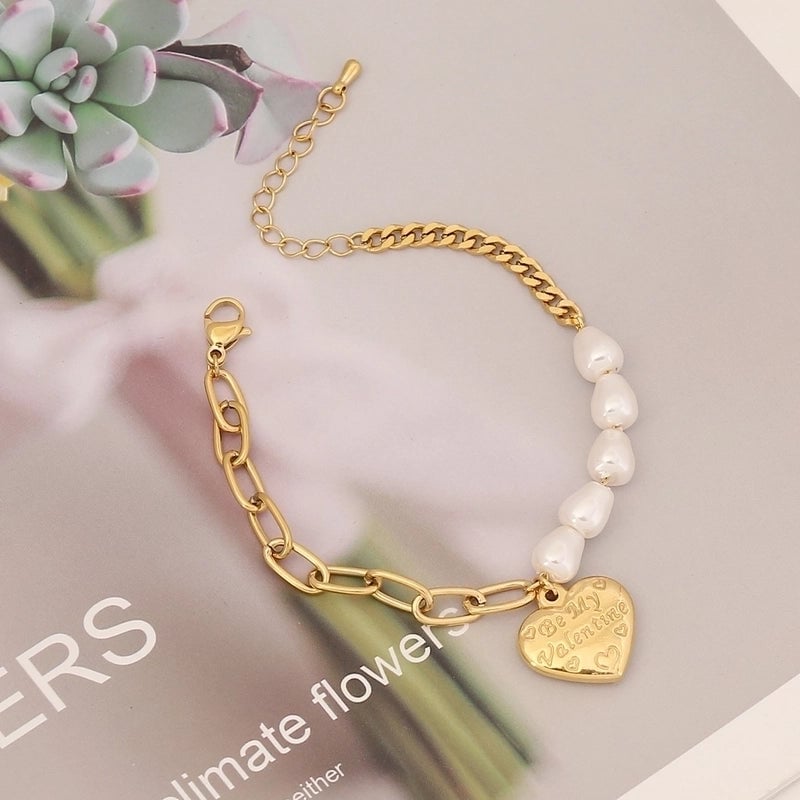 Sweet Star Moon Heart Shape Stainless Steel Inlay Artificial Pearls Bracelets 1 Piece