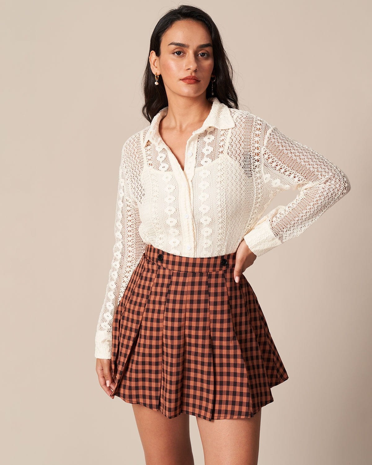 The Brown High Waist Pleated Plaid Mini Skirt