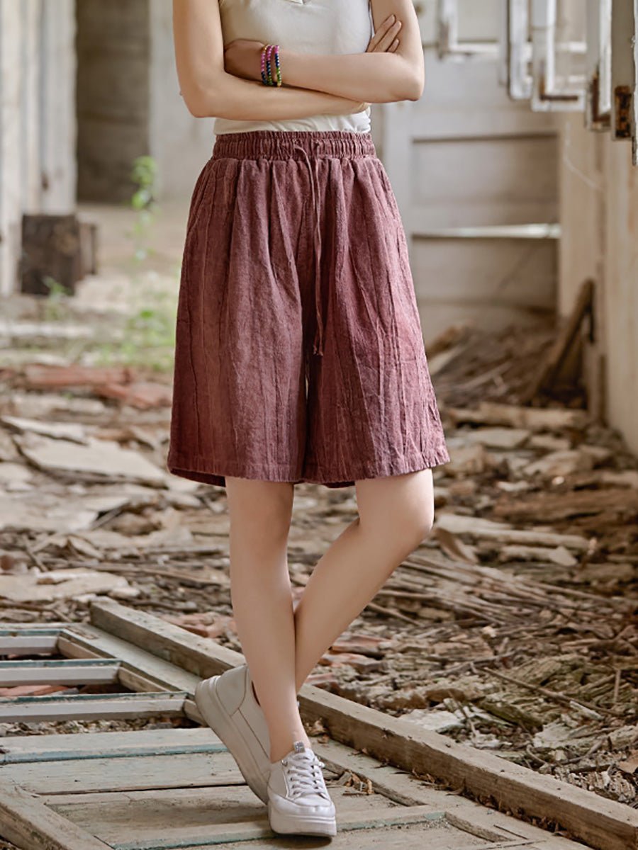 Women Summer Retro Pure Color Ramie Fifth Pants