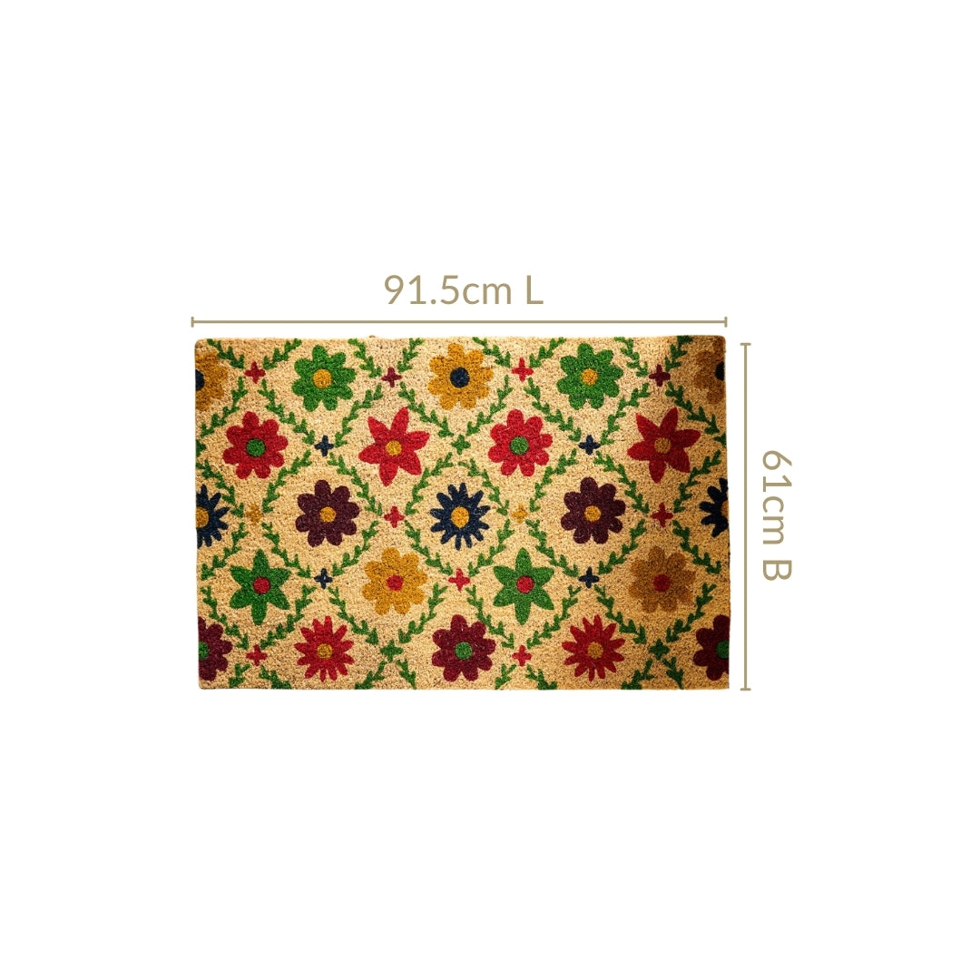 All Natural Coir Floor Mat With Floral Design 36x24 Inch