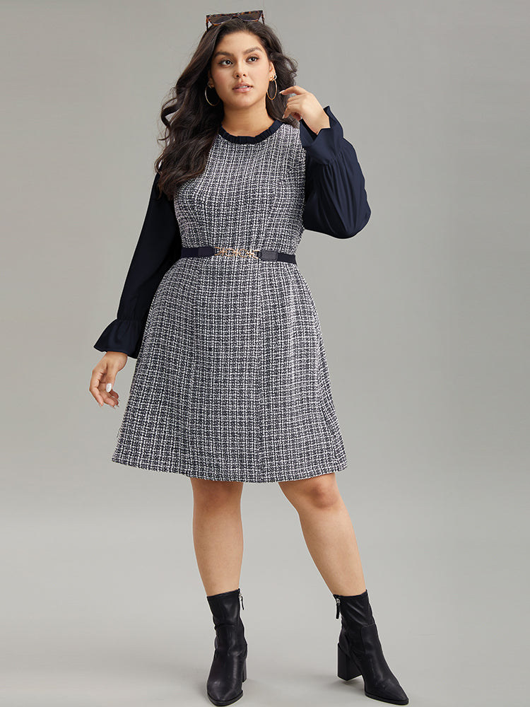 Plaid Patchwork Ruffle Trim Knee Dress