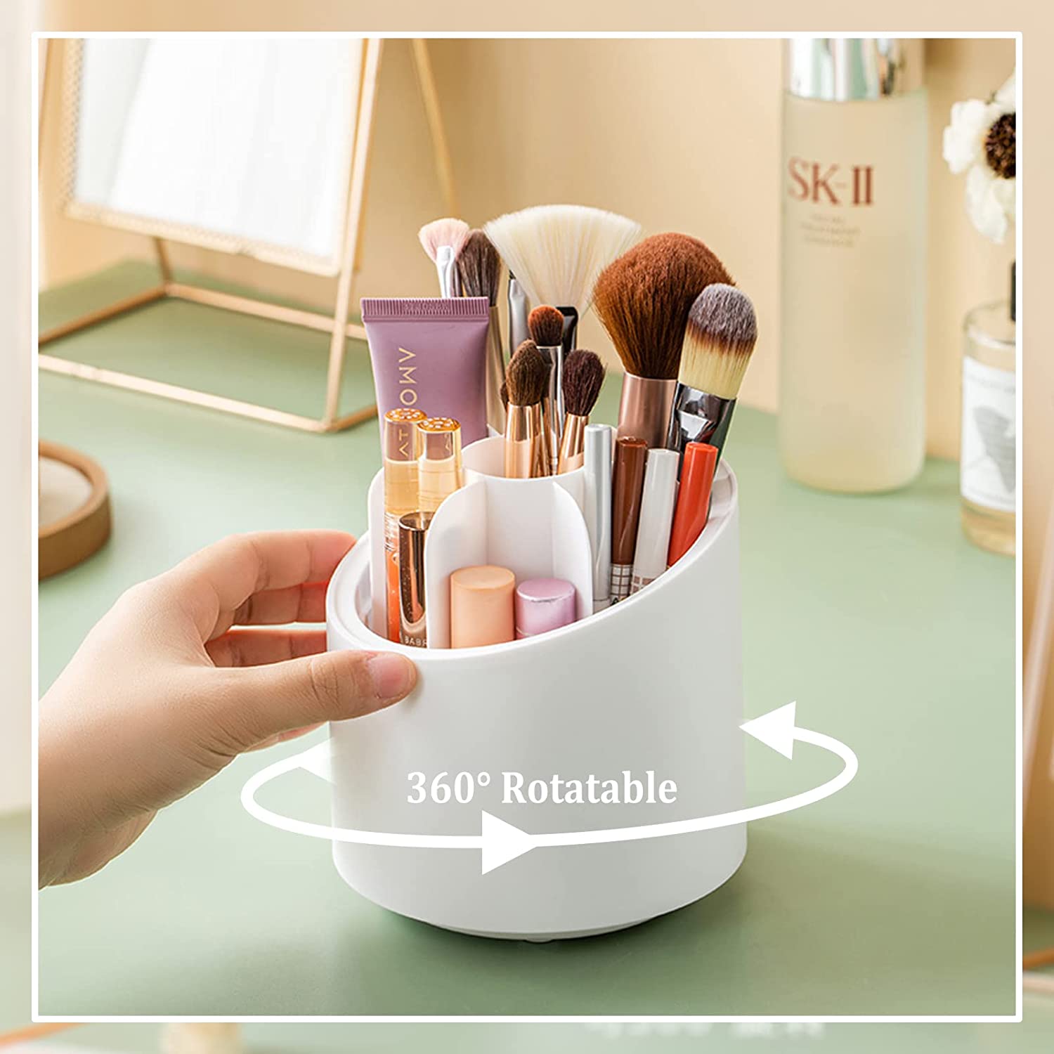 Makeup Brush Holder With Lid. Rotatable Clear Acrylic Makeup Brush Organizer Cup