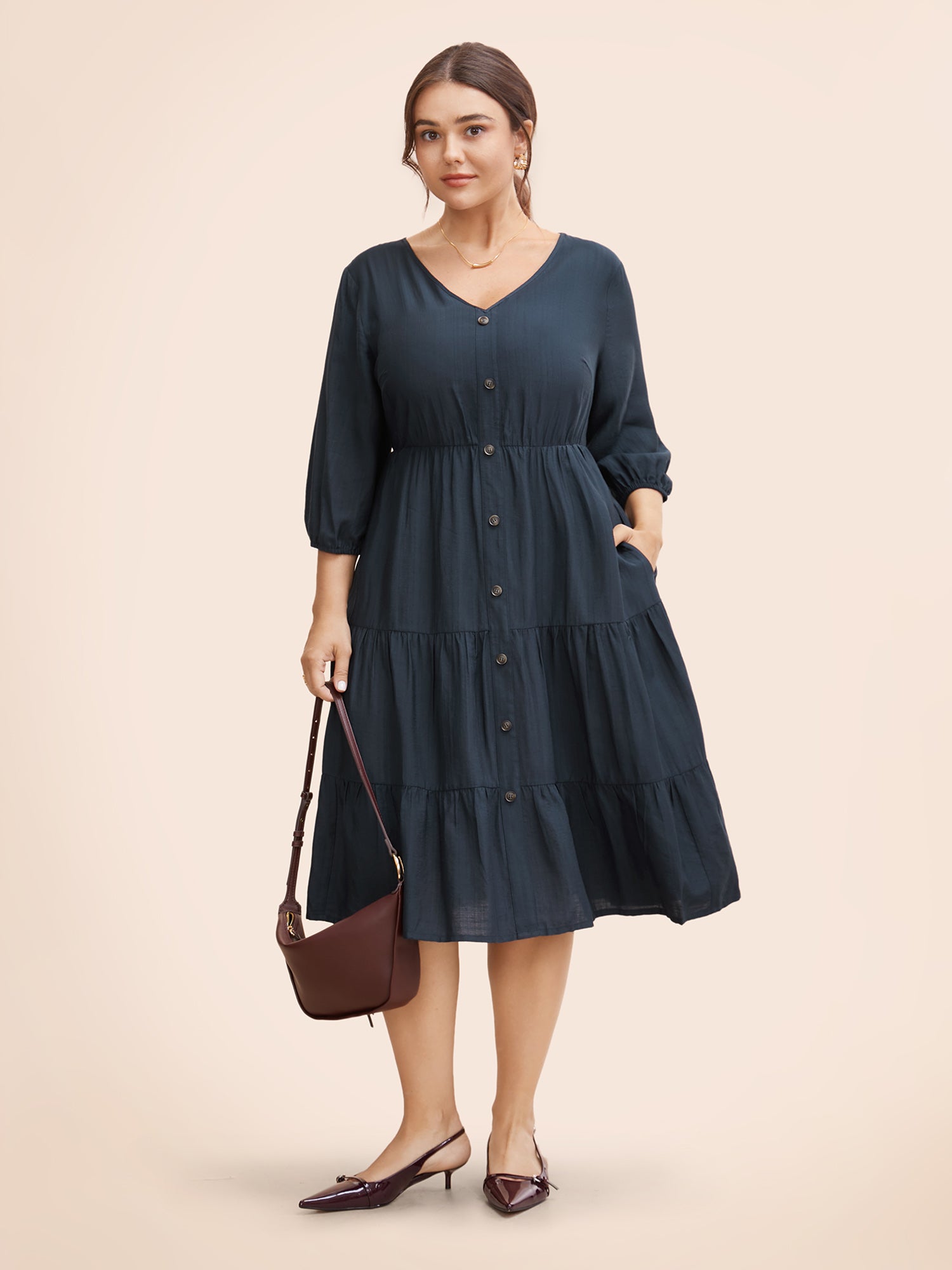 V Neck Ruffle Layered Hem Dress