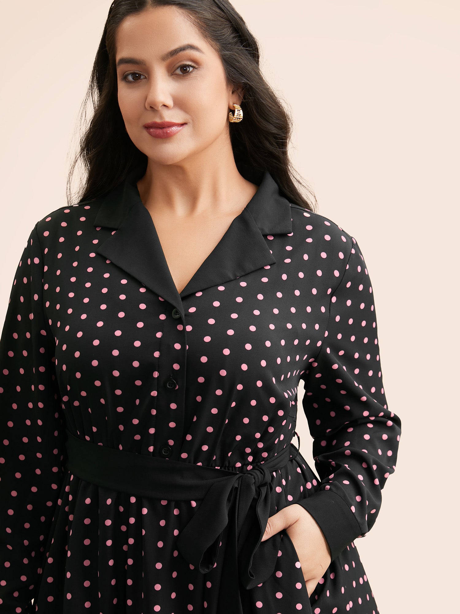Polka Dot Suit Collar Belted Dress