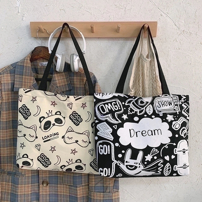 Women's Large Canvas Animal Cartoon Cute Zipper Tote Bag