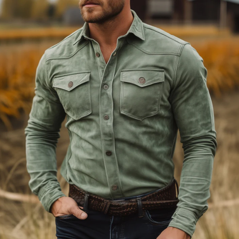 Men's Classic Casual Western Style Solid Color Slim Fit Suede Long Sleeve Shirt