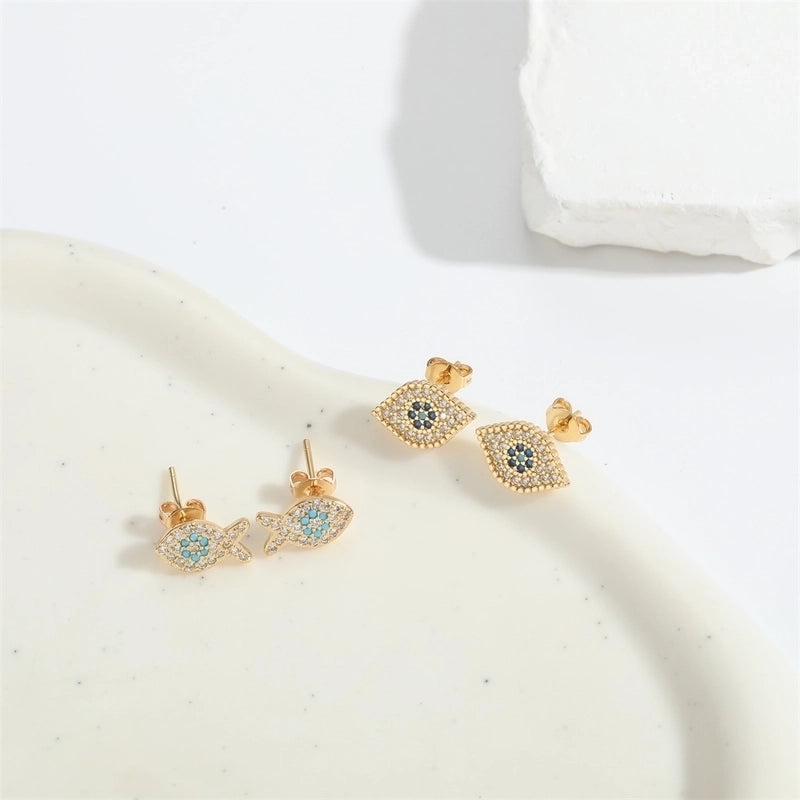 1 Pair Elegant Minimalist Commute Devil's Eye Enamel Inlay Copper Zircon 14K Gold Plated Ear Studs