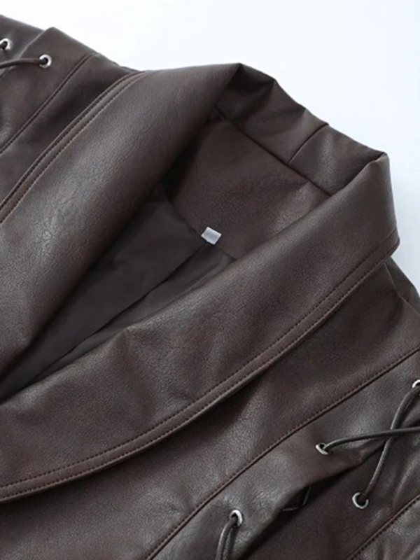 Long Sleeves Loose Split-Joint Tied Waist Lapel Jackets Outerwear